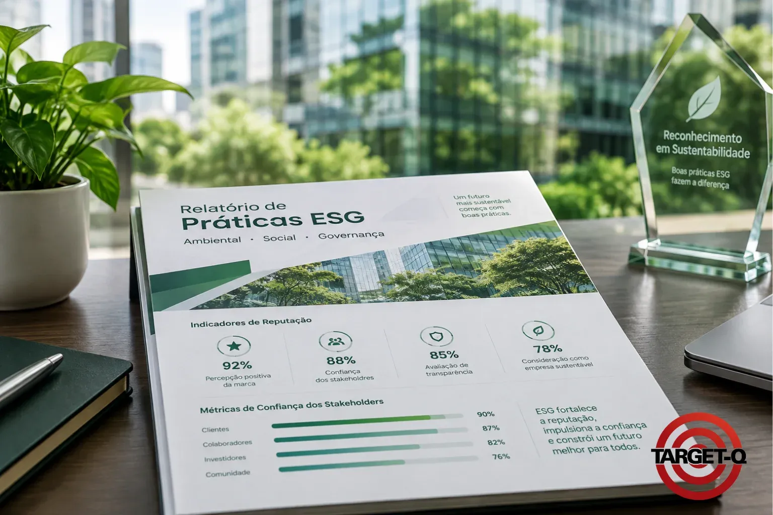 Relatório de práticas ESG com indicadores de reputação e um troféu de reconhecimento