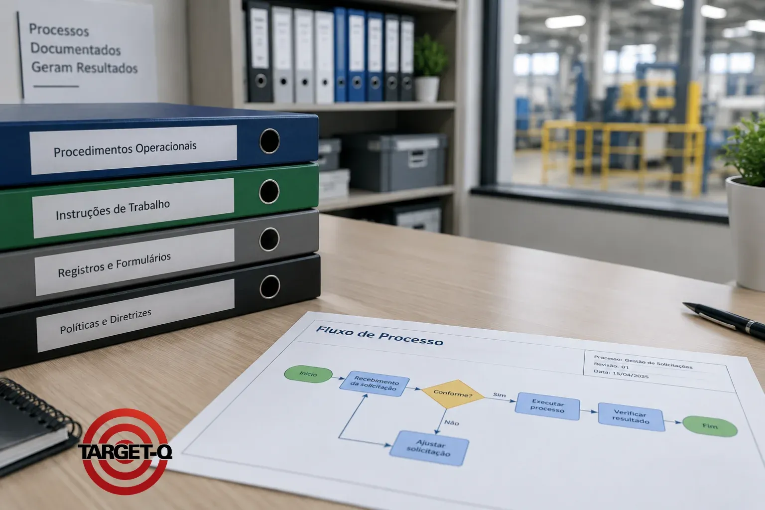 Pastas de procedimentos, instruções e registros com um fluxograma de processo