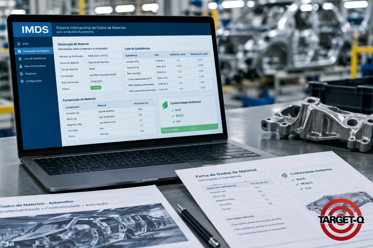 Tela do sistema IMDS com a ficha de dados de material de uma peça automotiva