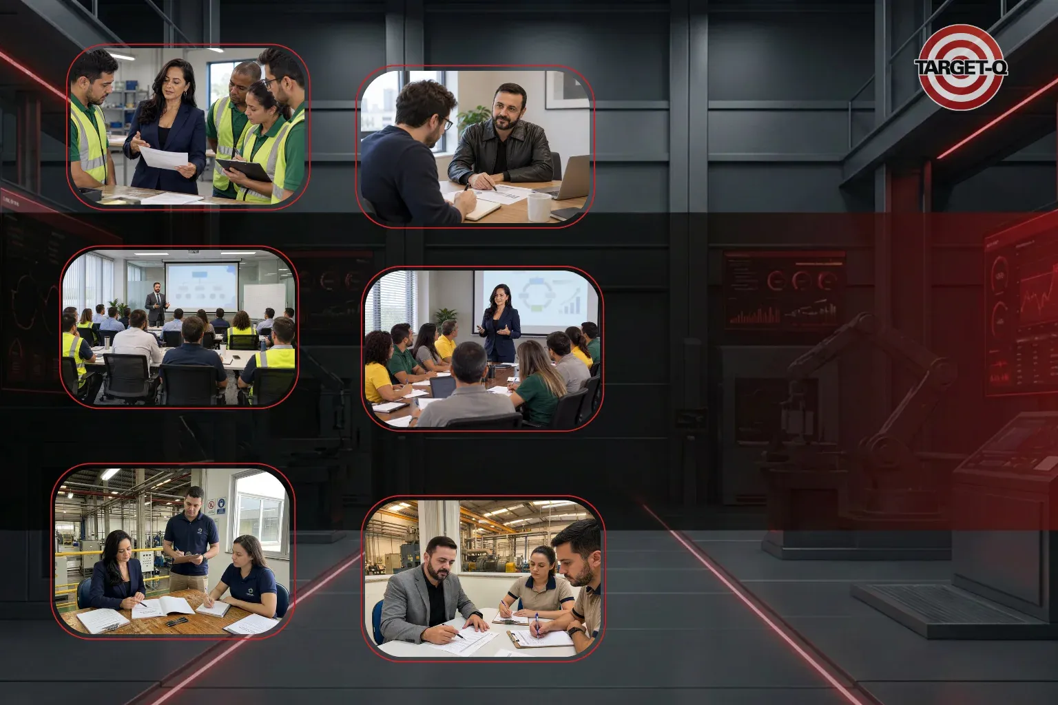 Mosaico com seis cenas do trabalho da Target-Q: auditoria no chão de fábrica, consultoria com o cliente, treinamentos em sala e reuniões com equipes