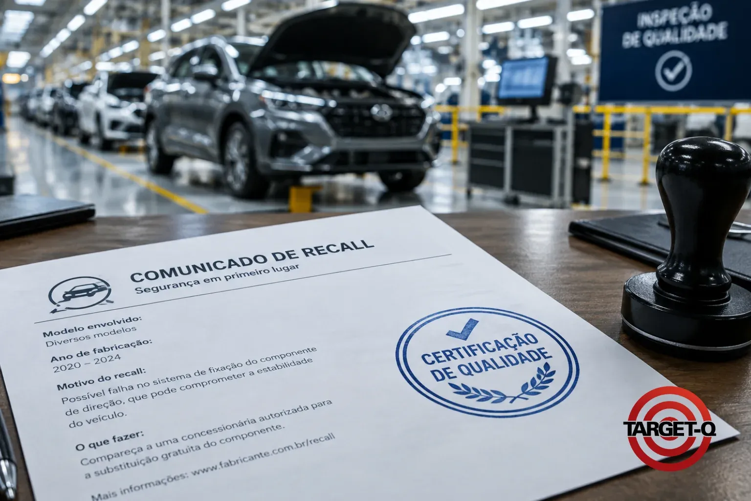 Comunicado de recall e carimbo de certificação de qualidade diante de uma linha de montagem