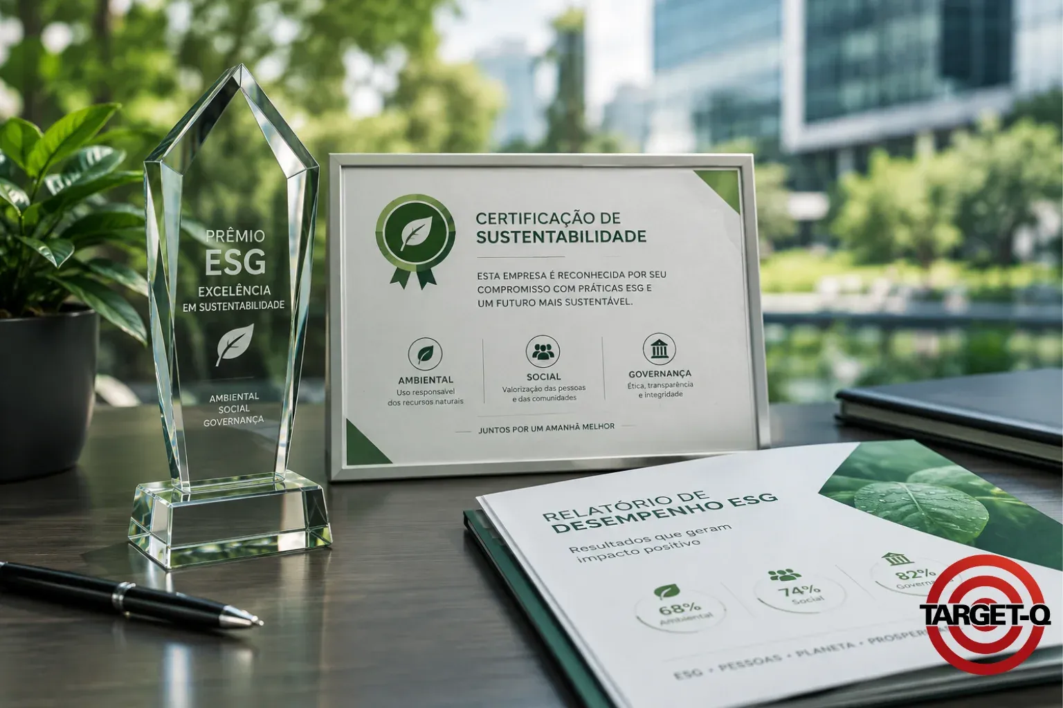 Troféu de excelência ESG e certificado de sustentabilidade sobre a mesa