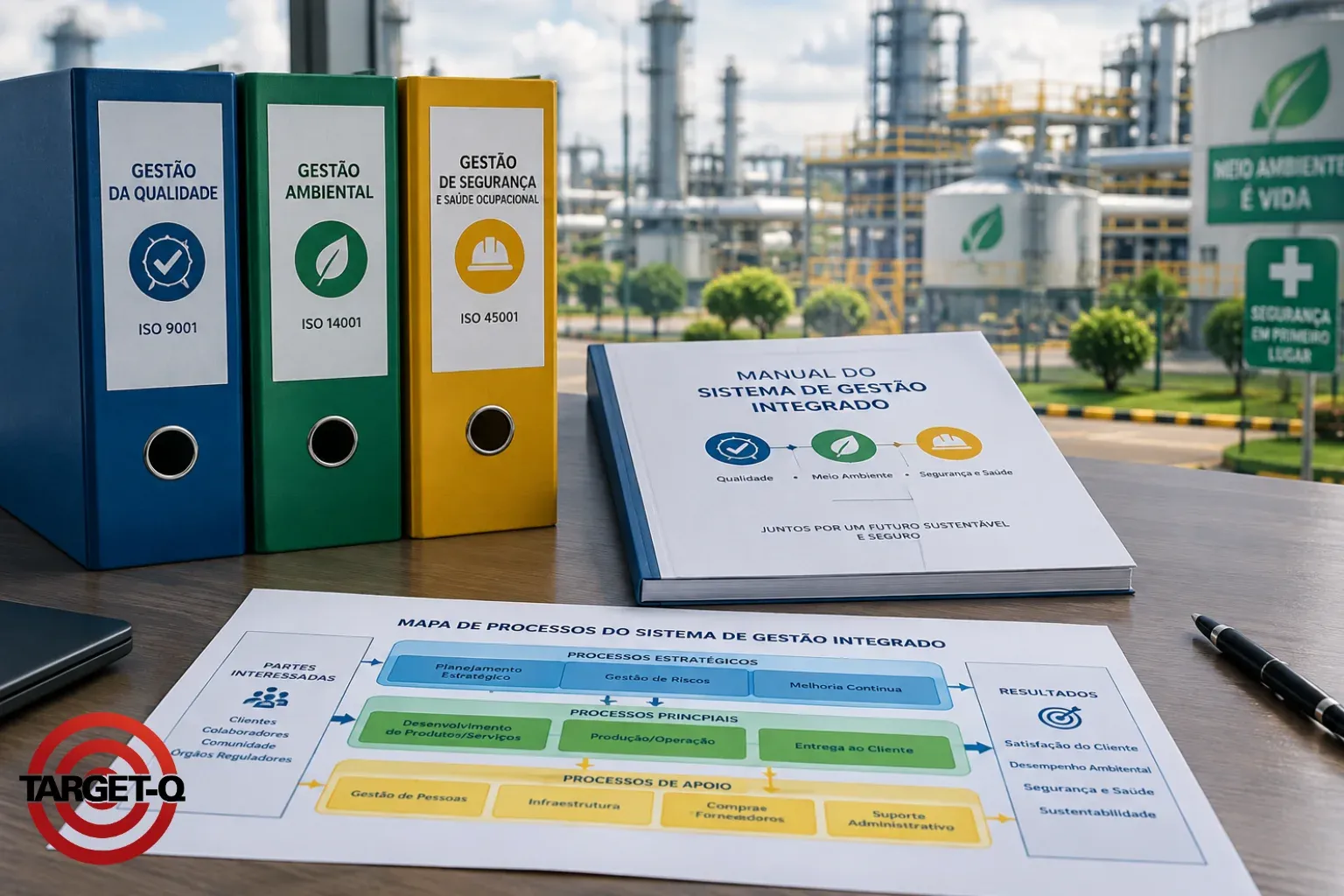 Pastas de gestão da qualidade, ambiental e de segurança ao lado do manual do sistema de gestão integrado