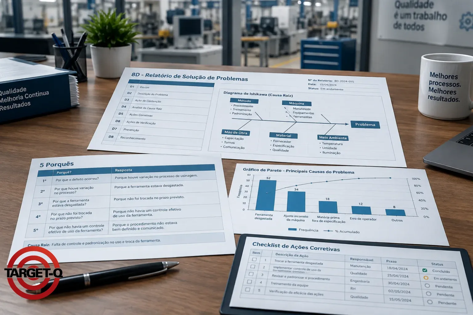 Relatório 8D, cinco porquês, gráfico de Pareto e checklist de ações corretivas sobre a mesa