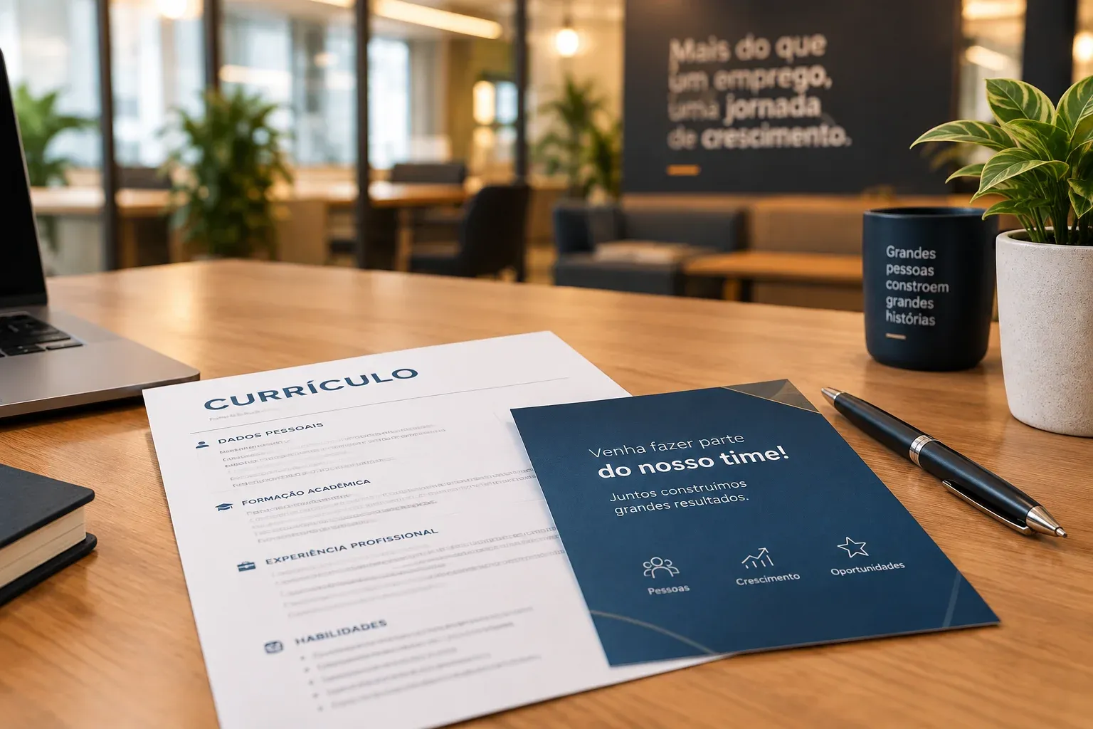 Currículo e folheto "Venha fazer parte do nosso time" sobre a mesa, com a frase "Mais do que um emprego, uma jornada de crescimento" na parede