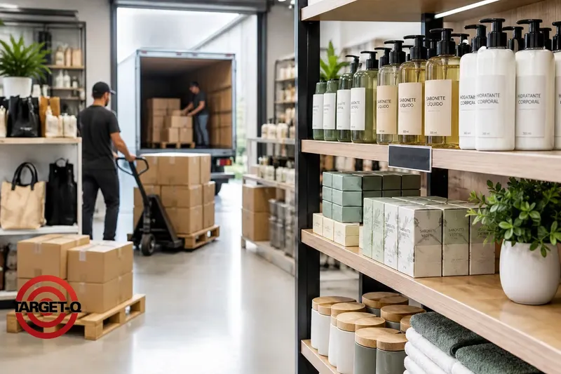 Entregador descarregando caixas de um caminhão num depósito com prateleiras de produtos