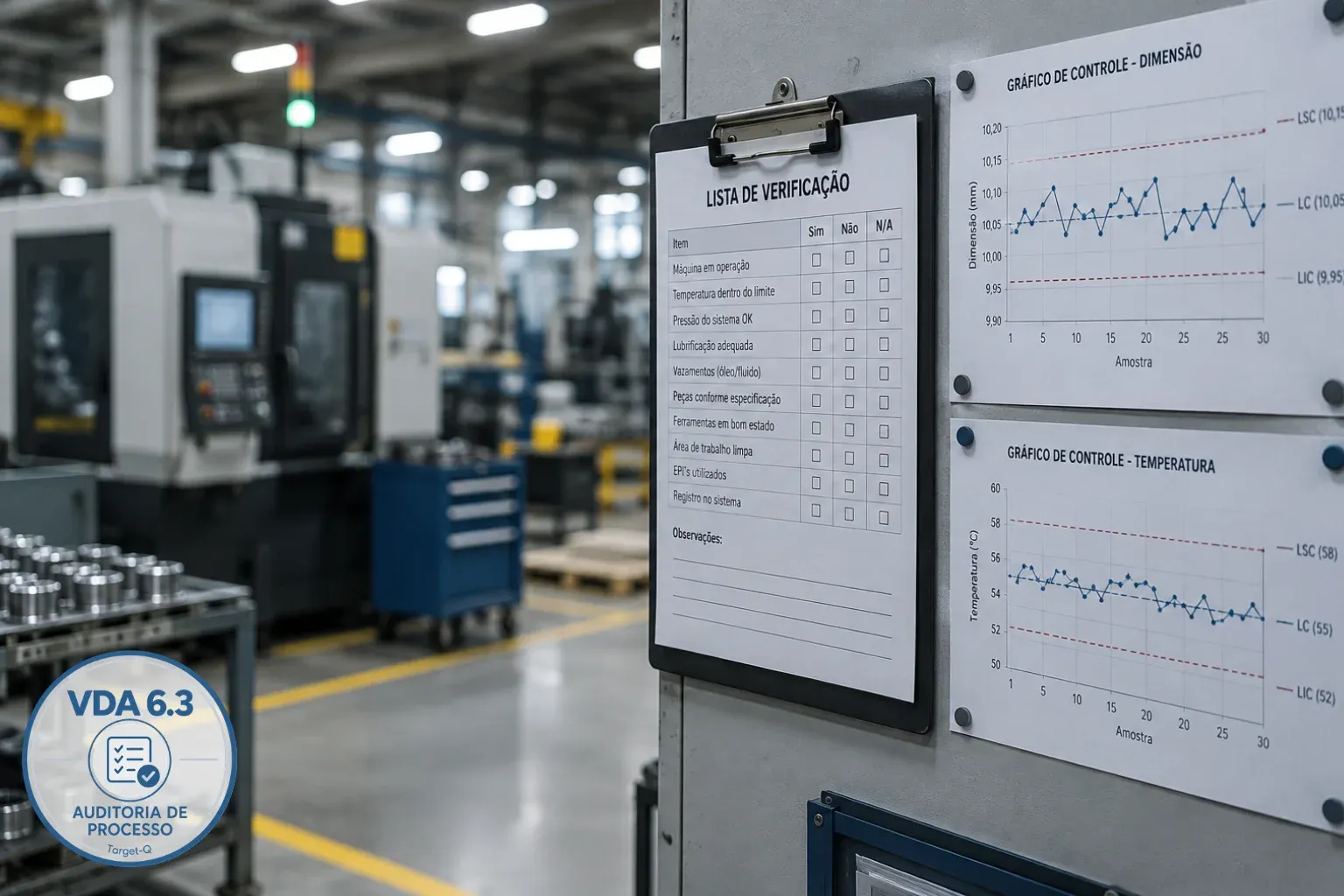 Lista de verificação e cartas de controle afixadas na linha de produção, com o selo VDA 6.3
